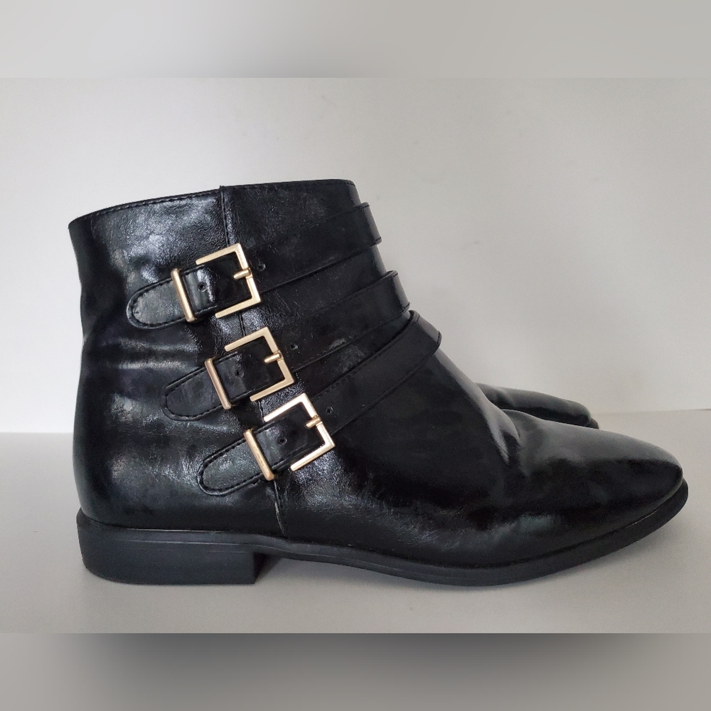 SMALL FEET? ZARA Women's Flat Ankle Boots Black w/ Silver Buckles Moto Gothic